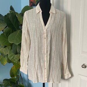 Like New Halston 100% Linen Medium Long Sleeve Button Up Top With Tan Stripes